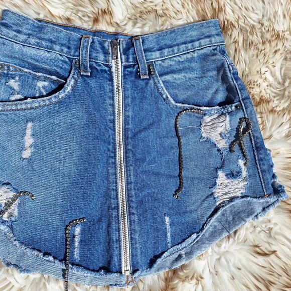 Carmar LF zip up denim cutoff rhinestone mini skirt distressed sexy frayed jean - Picture 2 of 6